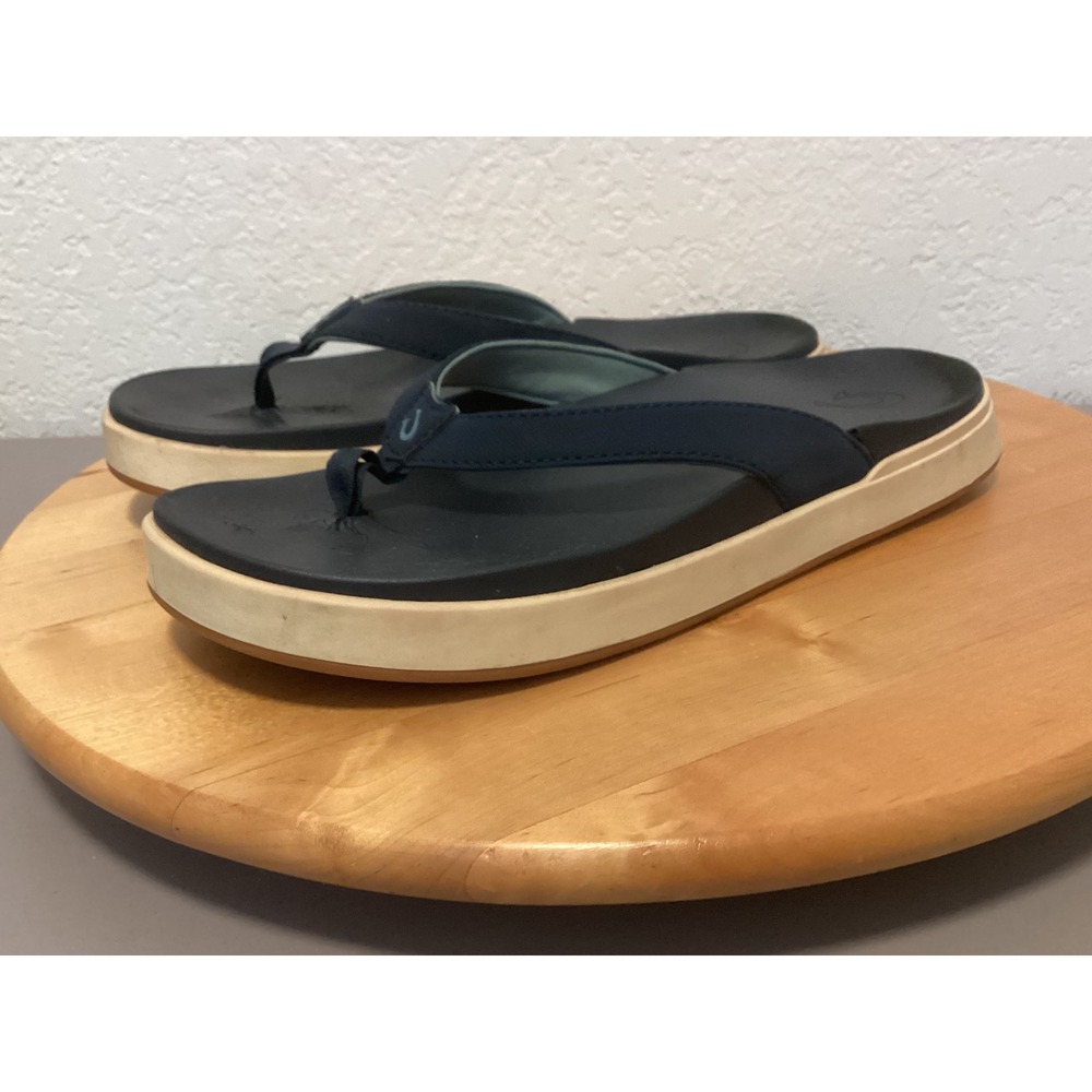 Olukai Leeward Platform Flip Flops Womens 8 Navy Blue Thong Sandals